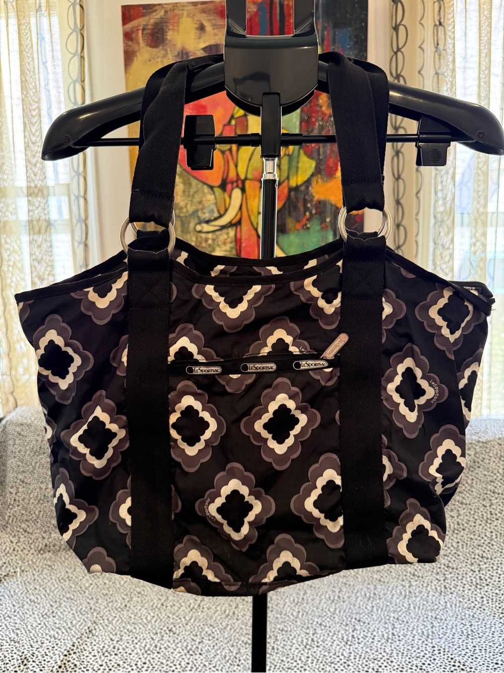 LeSportsac Black and Gray Floral Geometric Tote